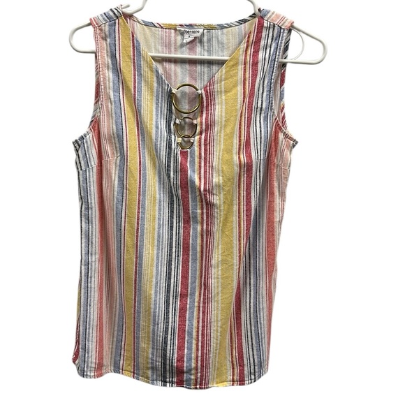 Chloe + Rene Linen Striped Embellished Gold Ring Neckline Sleeveless Blouse S - Picture 2 of 10
